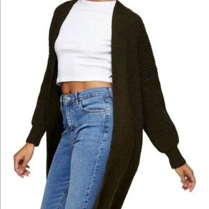 Topshop long cardigan sweater women Olive Green Long Ribbed Open Front  Sz 8-10